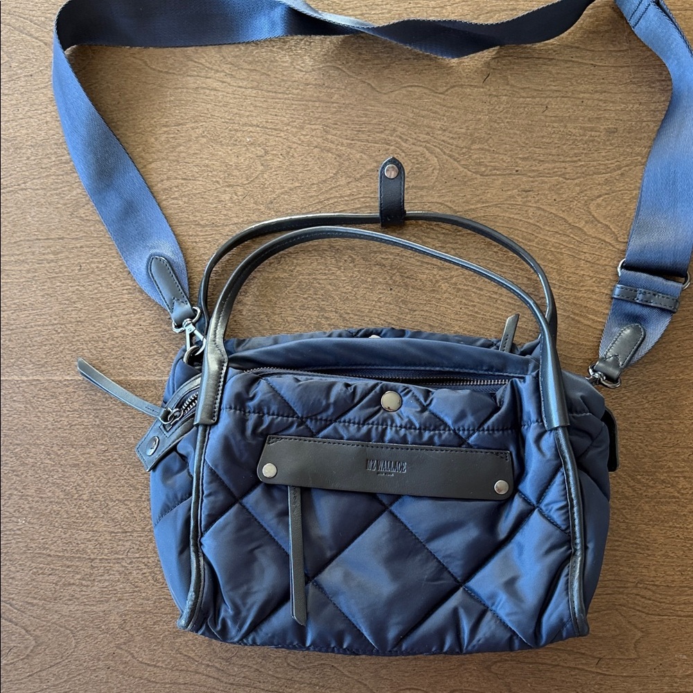 MZ Wallace Nylon Quilted with Leather Trim Crossbody Bag - Blue